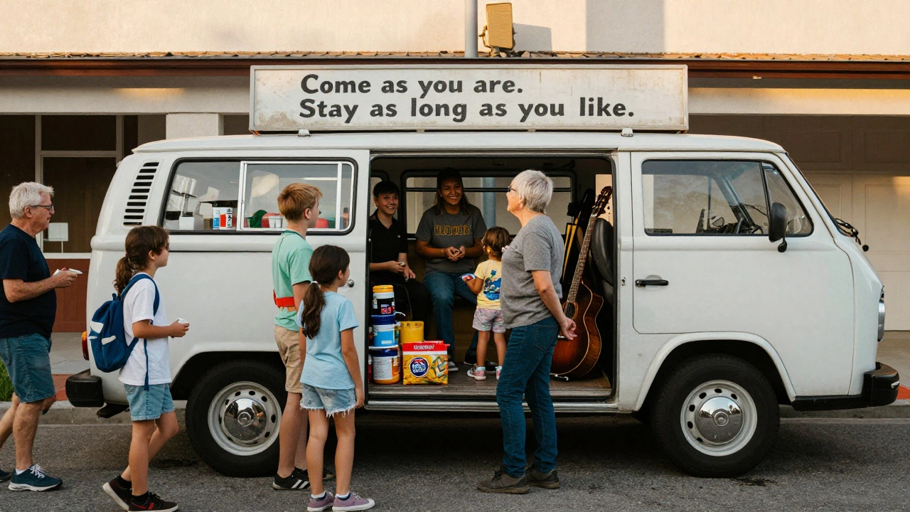 A vintage van parked outside a community center, open doors revealing art supplies and people arriving casually.