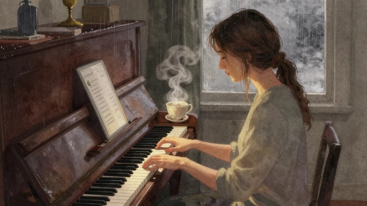 A woman at a rainy window, playing piano in a quiet apartment, steam rising from a teacup.