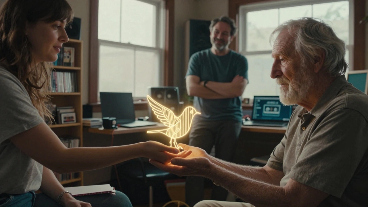 A young artist passing a sound-shaped bird to an elder, symbolizing musical legacy.