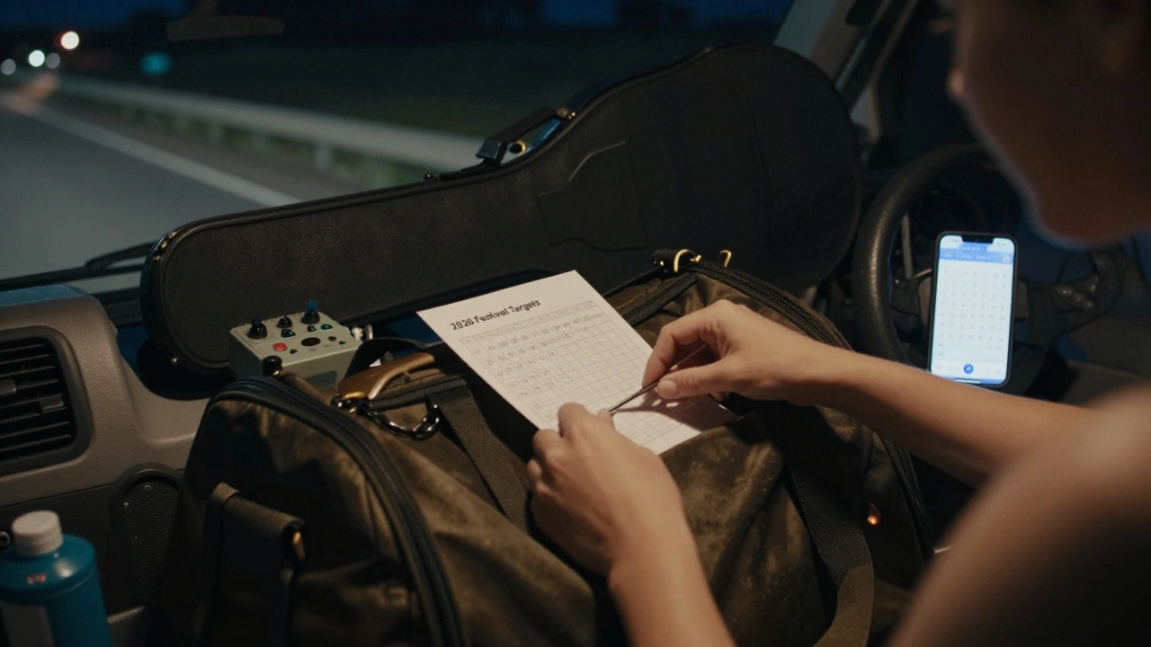 Alli packing her gear in a van at night, calendar on phone showing 12 festival dates.