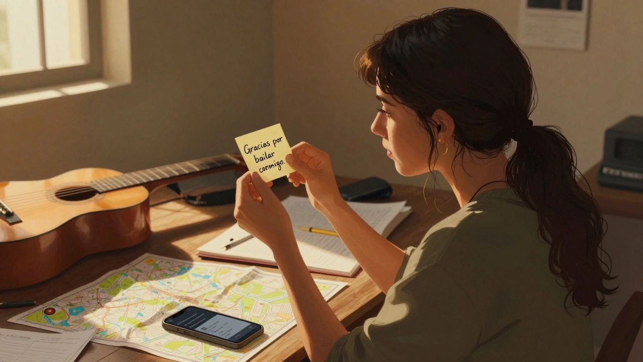 Alli Starr holding a sticky note with handwritten Spanish phrase backstage in Oaxaca, golden light streaming in.