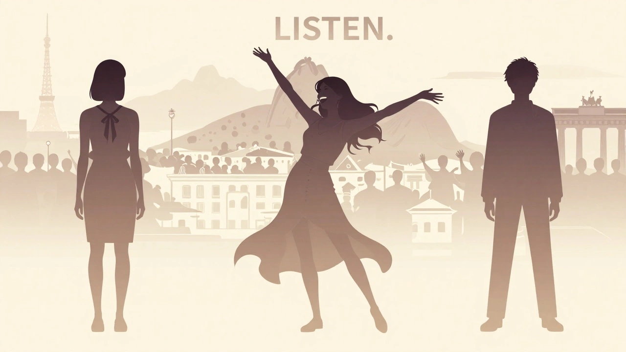 Alli Starr in three cultural settings, with symbolic silhouettes behind her, all centered on the word 'LISTEN'.