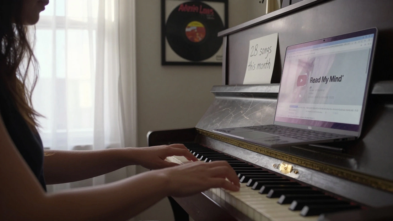Alli Starr’s hands rest on an old piano in a quiet apartment, surrounded by vinyl records and a laptop playing R&amp;B tutorials.
