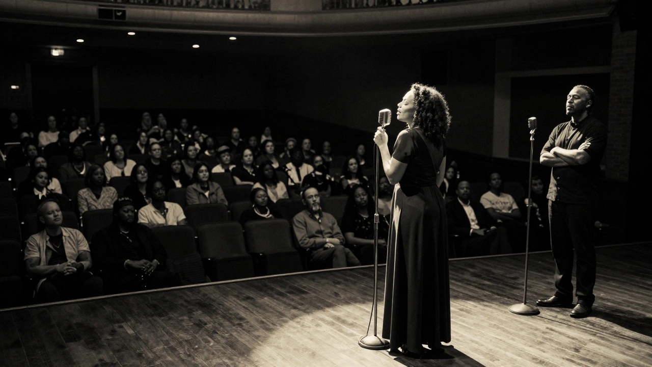 Alli Starr sings alone on stage under a spotlight, Ronnie and Avant watching silently from the wings in a dimly lit theater.