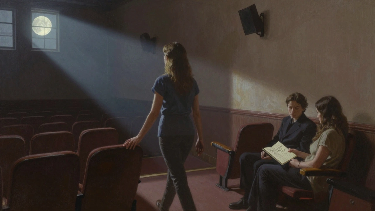 Alli Starr touching theater seats in an empty room, holding a notebook with notes about the audience before her show.