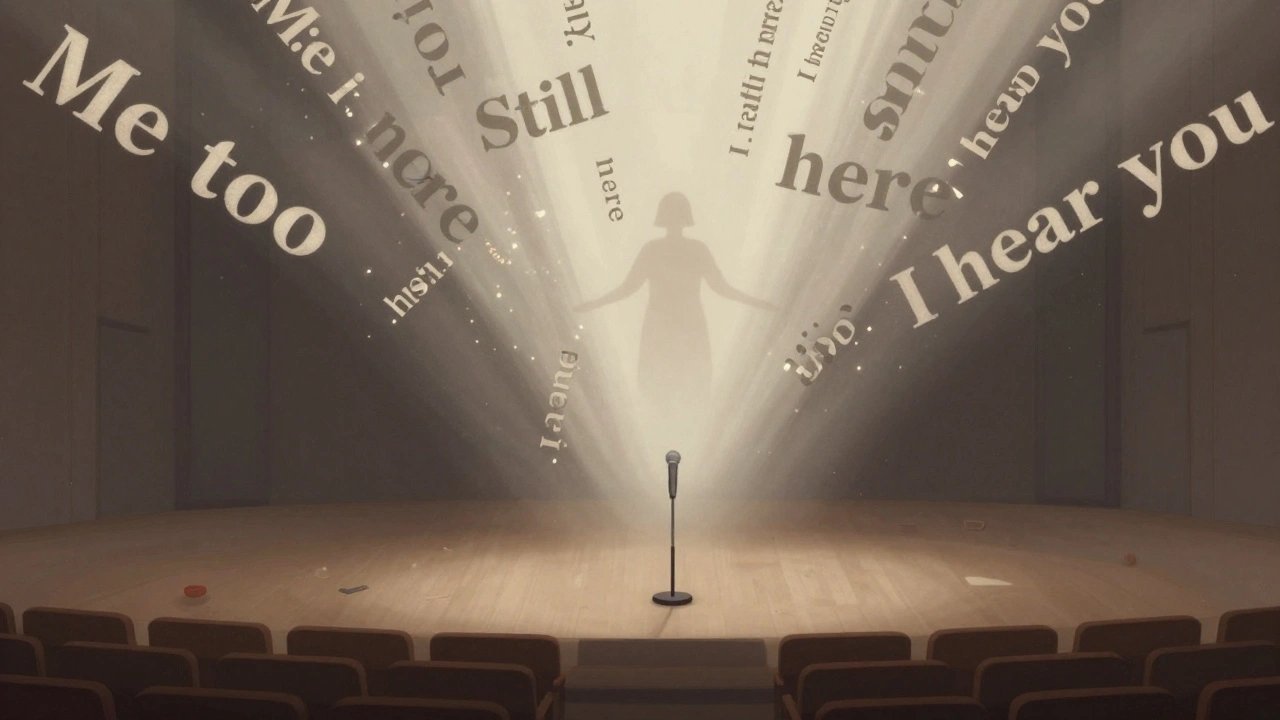 An abstract scene of a lone microphone in an empty theater, floating words like 'I hear you' dissolving into light.