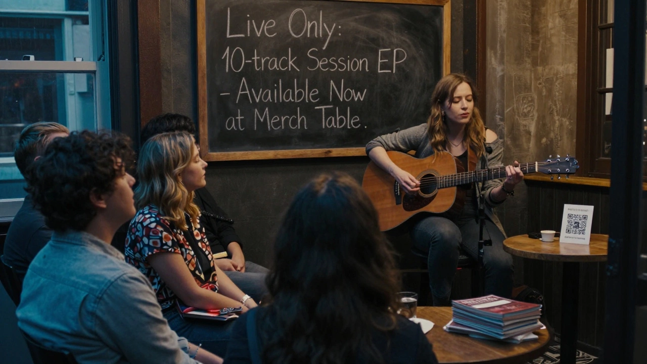 An artist performing acoustically at a small venue, audience deeply engaged, with a QR code and zines visible.