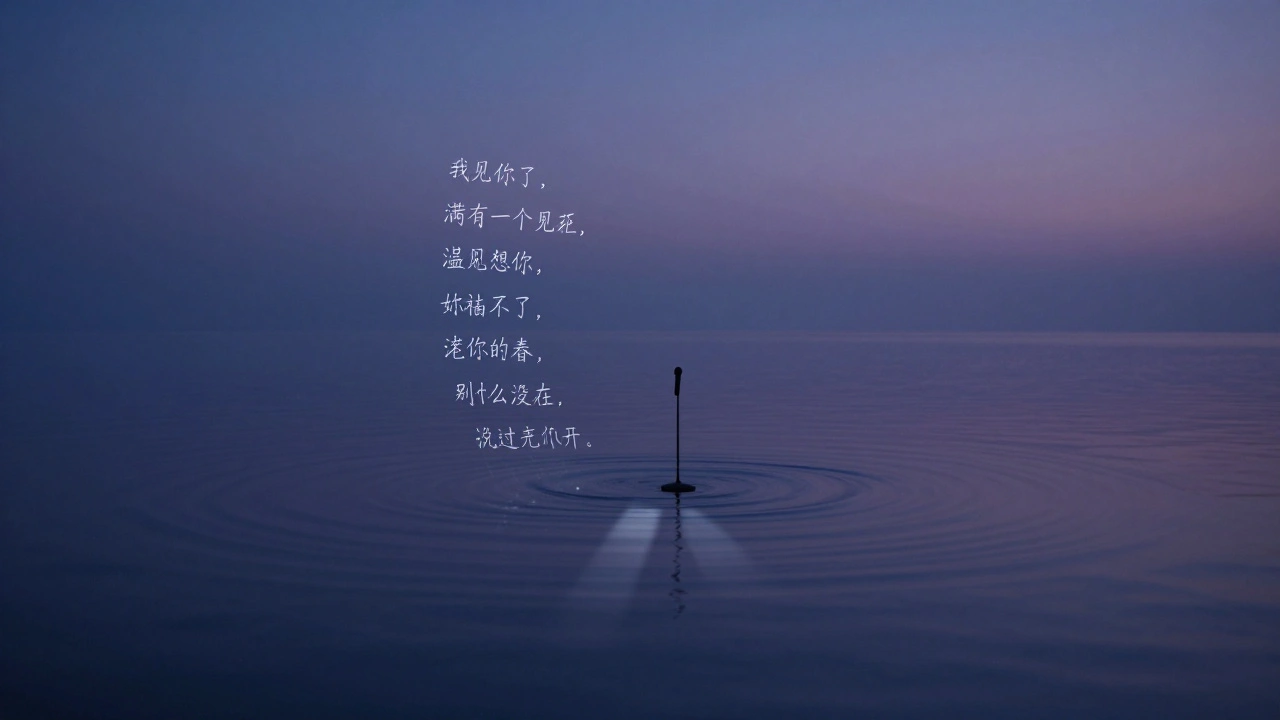 An empty concert stage with a microphone, sound waves radiating into the darkness as whispers of song.