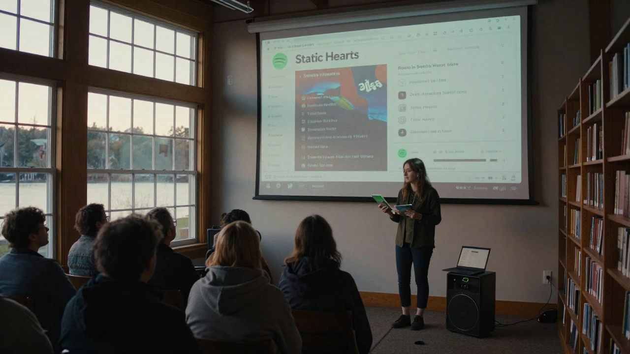 An independent musician handing out CDs to a small audience in a quiet rural library.