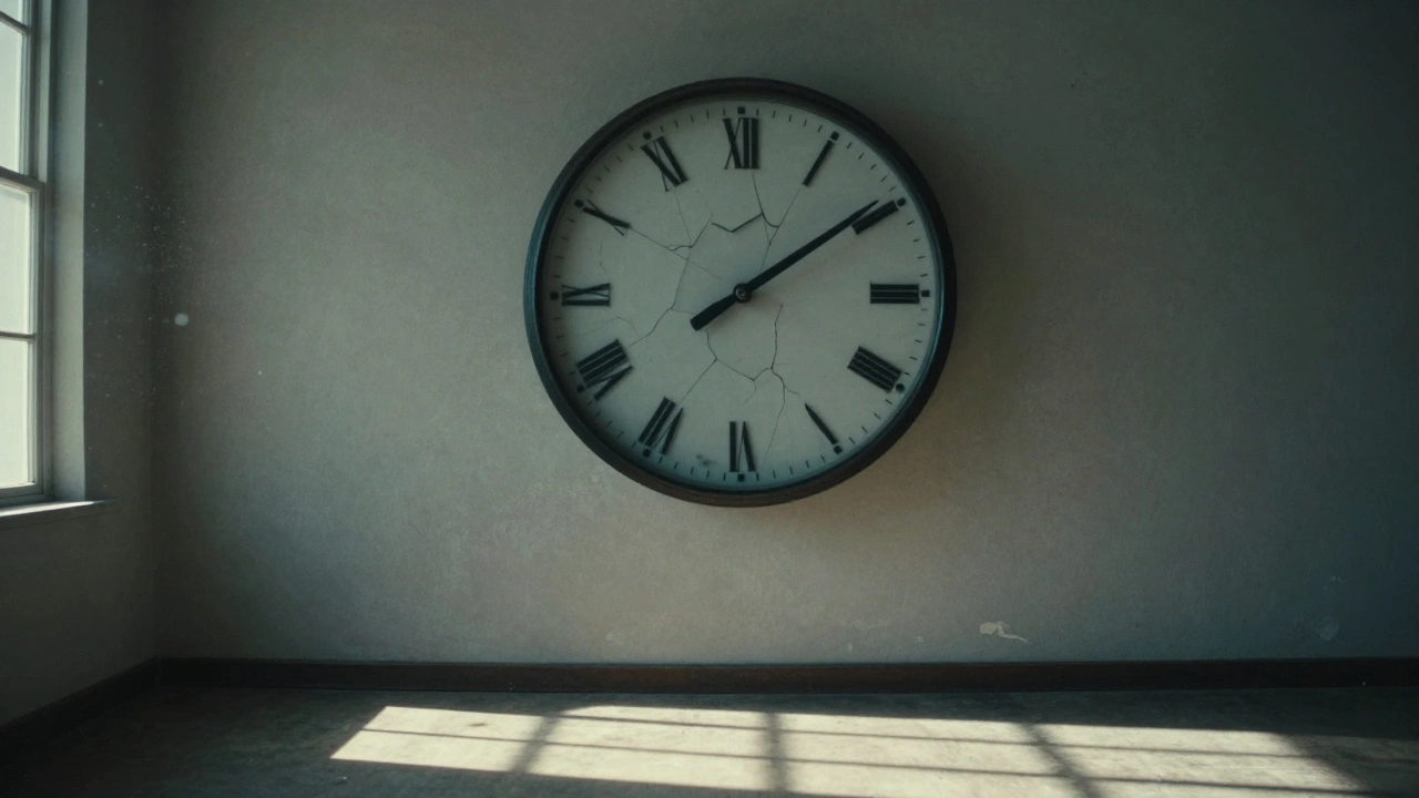 An old clock with no hands sits on a dusty wall, sunlight illuminating floating dust.