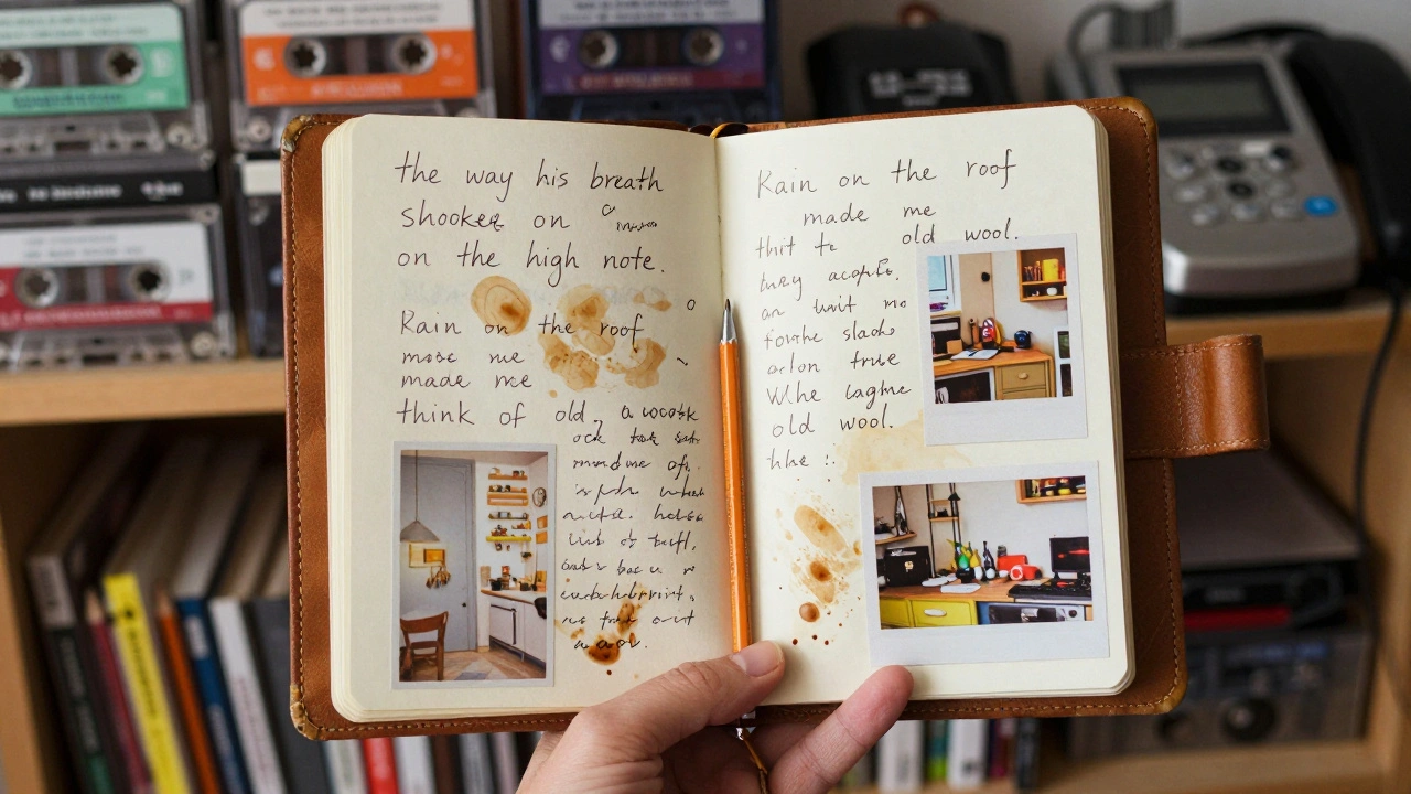 An open leather journal filled with handwritten emotional fragments, coffee stains, and faded memories — the soul archive of a songwriter.