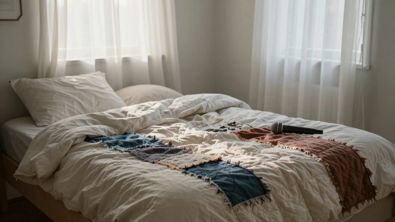 An unmade bed with quilt patches symbolizing vocal harmonies, a microphone resting on the pillow at dawn.