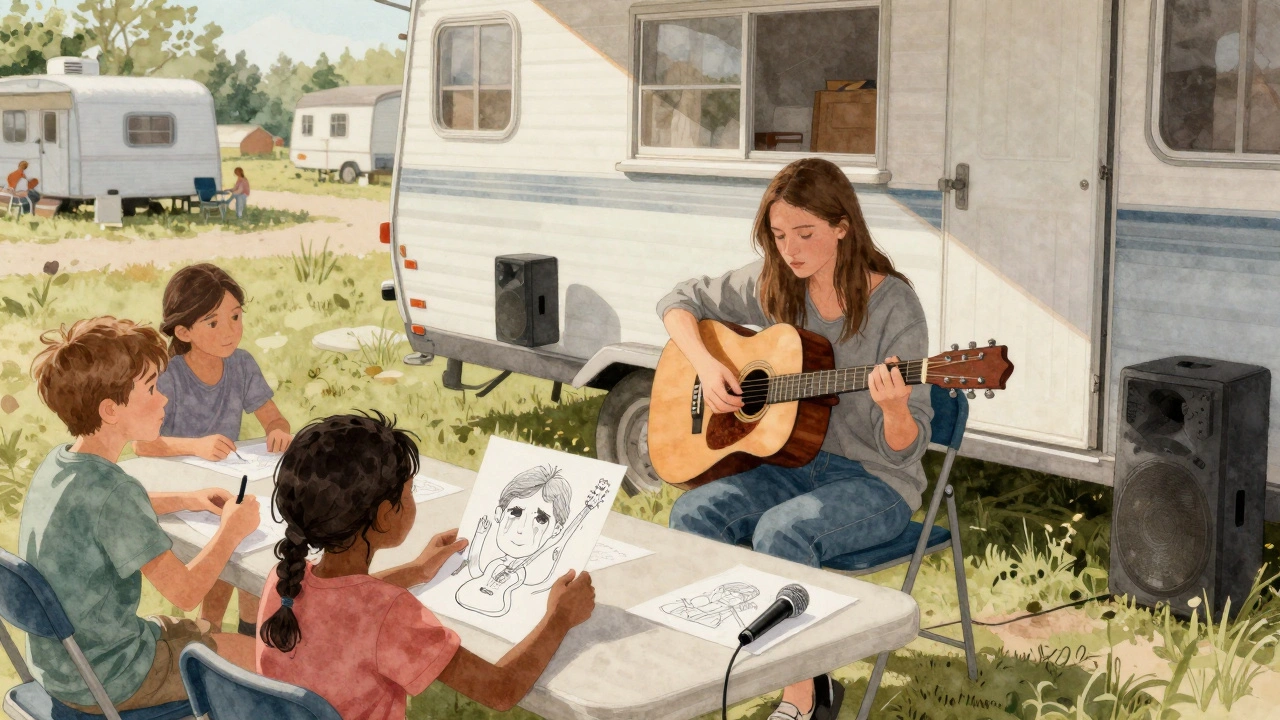 Children drawing pictures while Alli Starr performs in a trailer park, no stage, just community and music.