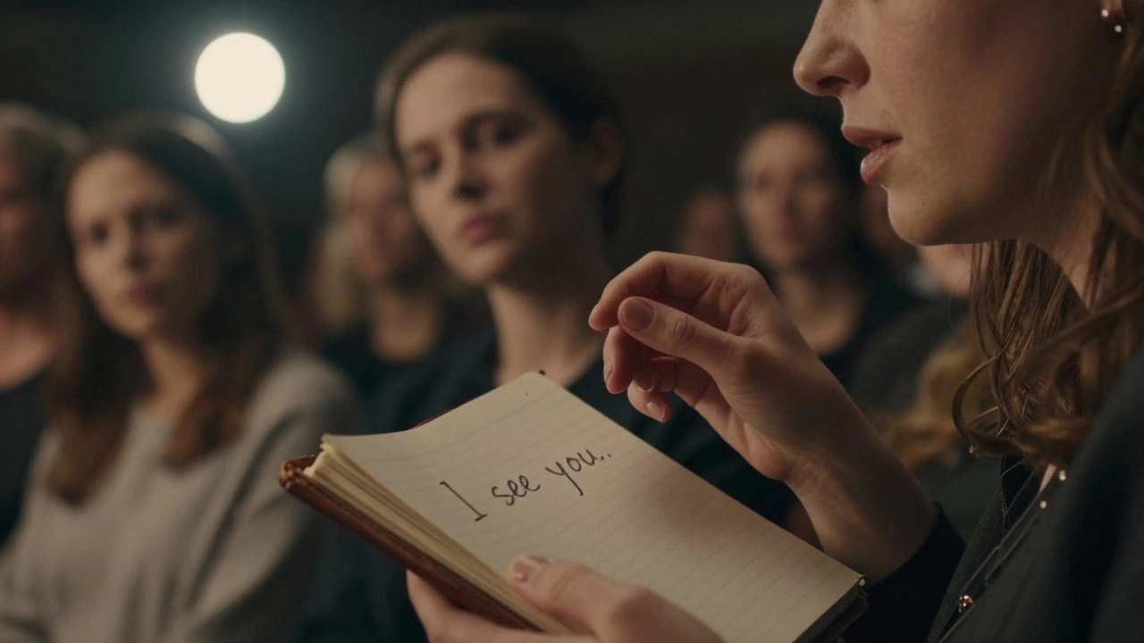 Close-up of Alli Starr's hands holding a journal with the words 'I see you' written on the page, stage light glowing behind.