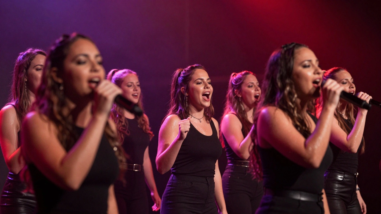 Five backup singers performing live on stage, their bodies moving as one under dramatic colored lights.