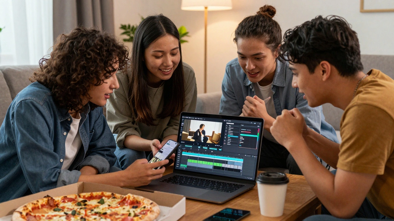 Four friends edit a music video together on a laptop, surrounded by pizza boxes and coffee cups.