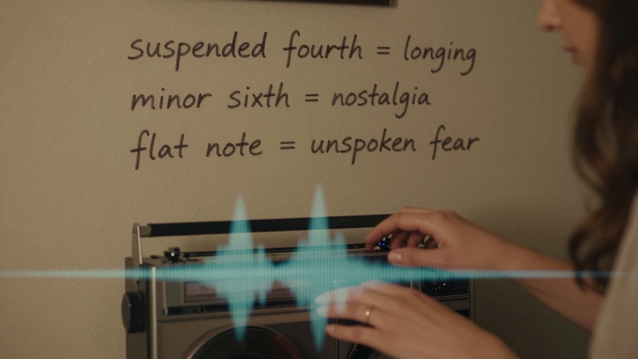 Hands pressing play on a tape recorder as handwritten emotional harmony notes cover the wall behind.