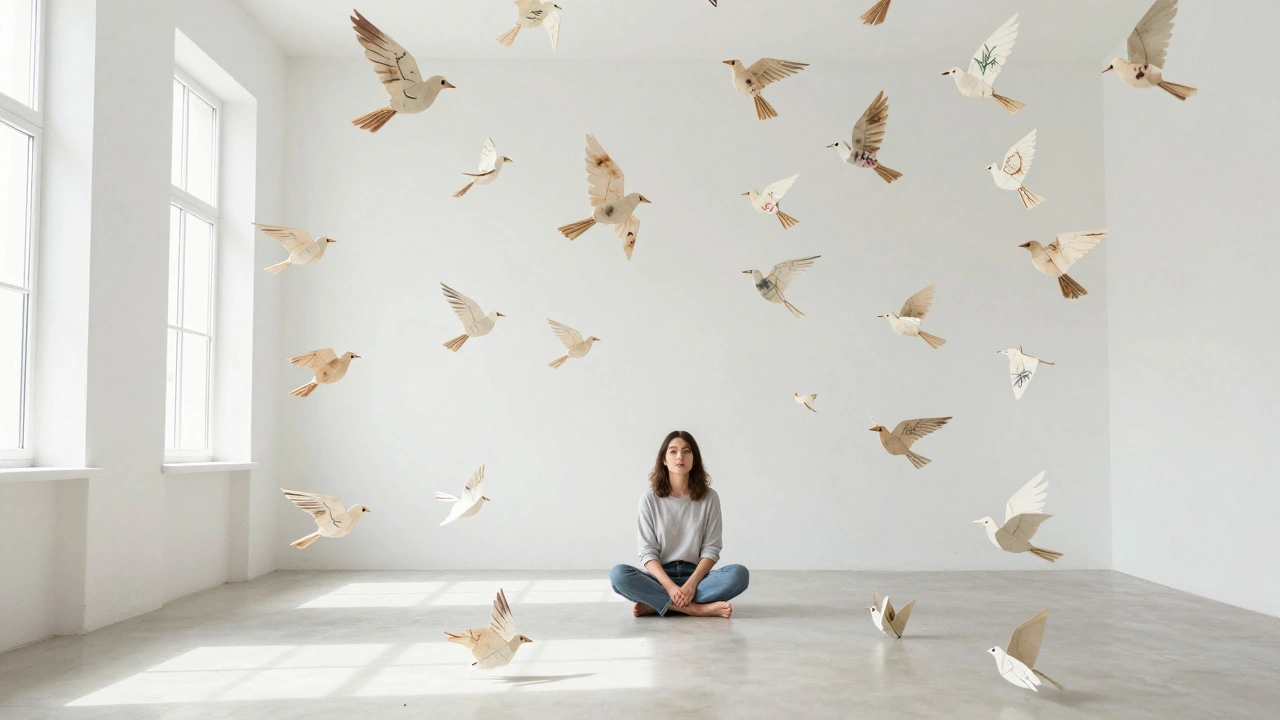 Hundreds of paper birds float in a bare white room as a woman sits quietly in the center.