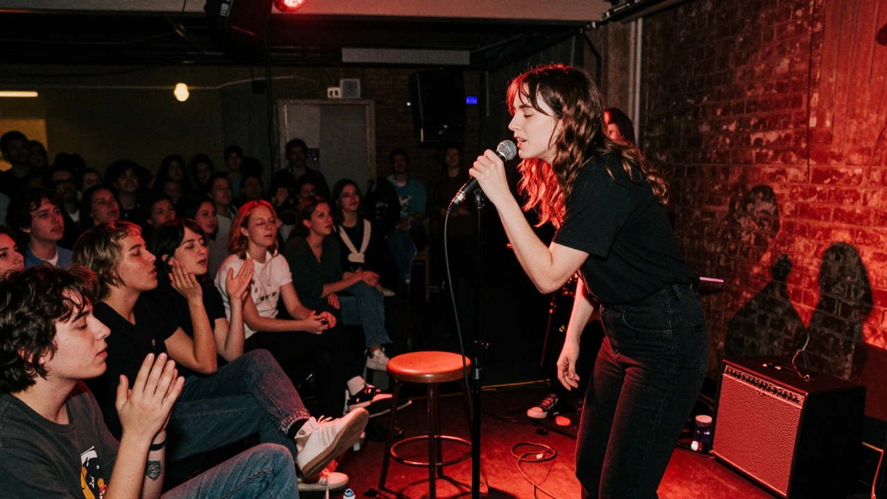 Live performance in a small warehouse, band playing with quiet intensity as a single fan listens with eyes closed.