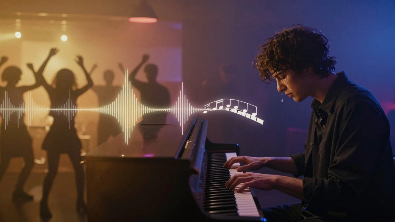 One person in two worlds: dancing in a club and playing piano alone, connected by sound waves.