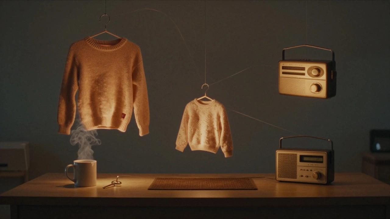 Suspended everyday objects—a shrunken sweater, coffee mug, key—glowing faintly, connected by memory threads.