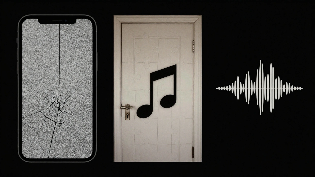 Three cryptic images — a cracked screen, a music-note keyhole, and a fading audio wave — arranged as a puzzle.