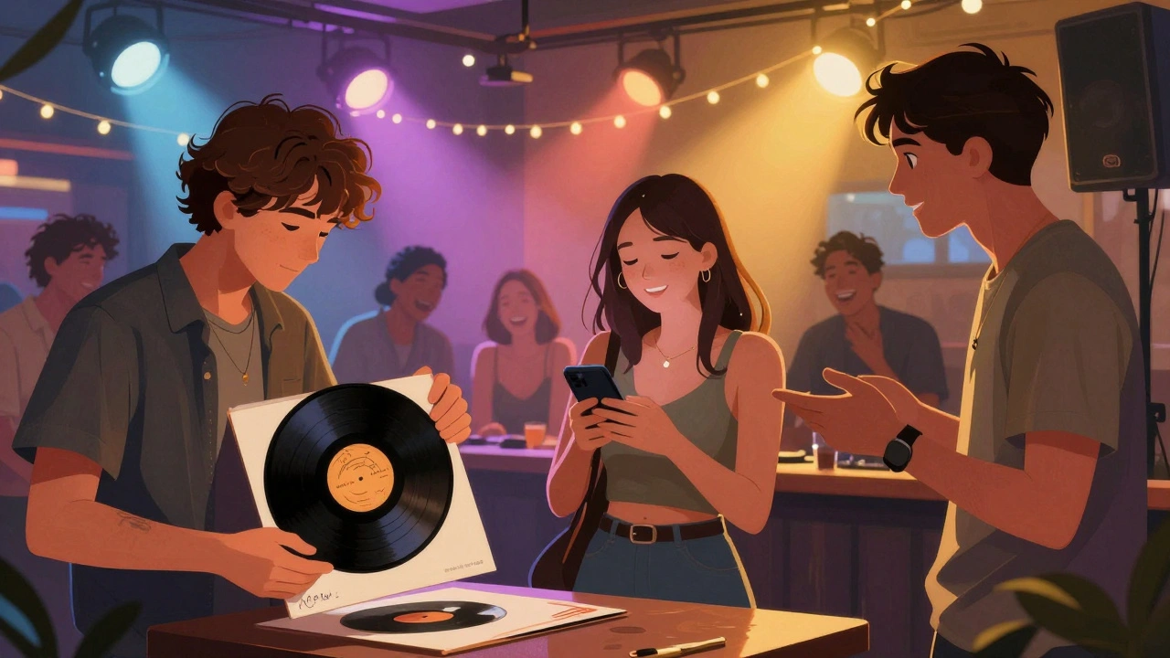 Three distinct individuals engage with music in a live venue: a collector, a curator, and a newcomer, all immersed in shared cultural moments.