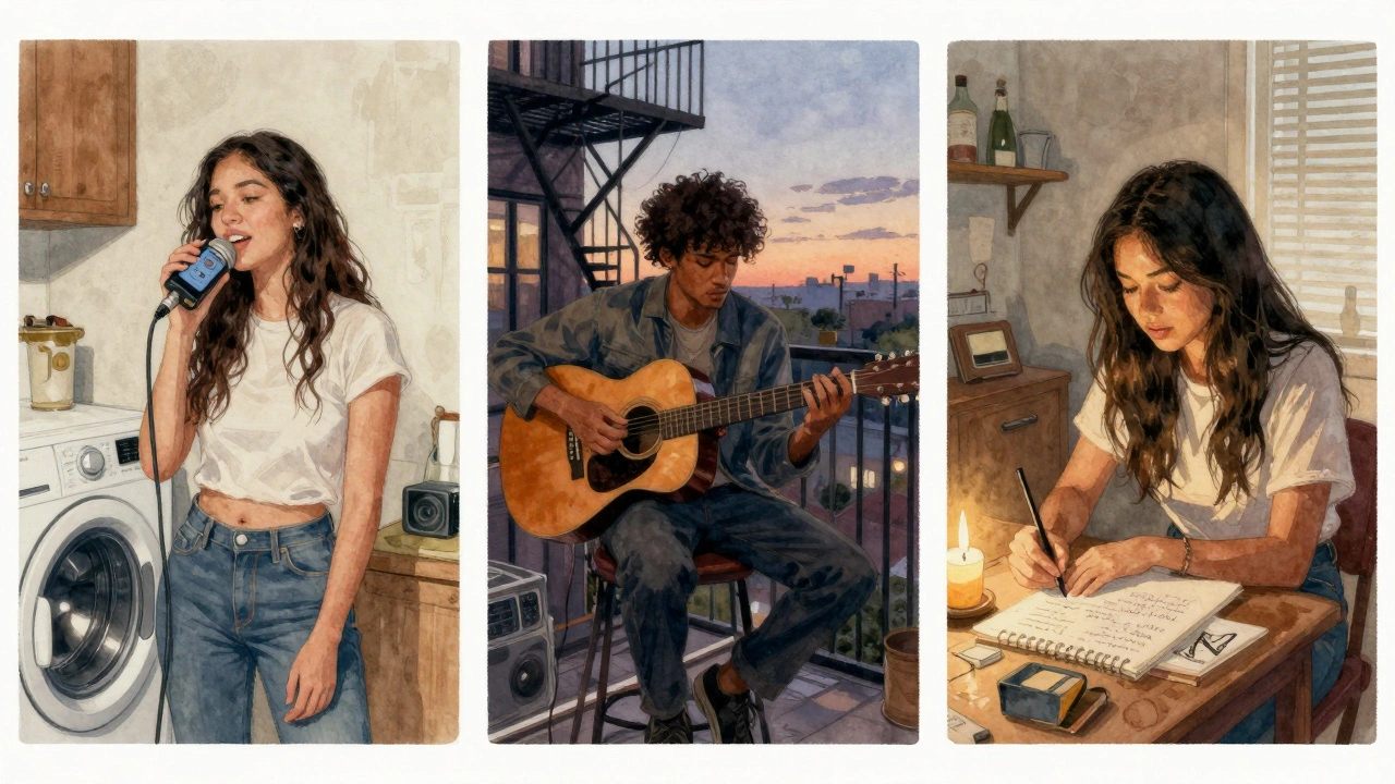 Three indie R&amp;B artists in personal spaces—singing into a phone, playing guitar on a fire escape, sketching by candlelight.