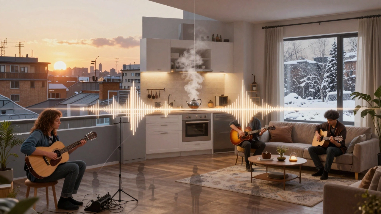 Three intimate music spaces across continents — Nairobi, Berlin, Toronto — visually linked by glowing sound waves, each hosting a single performer in real-time.