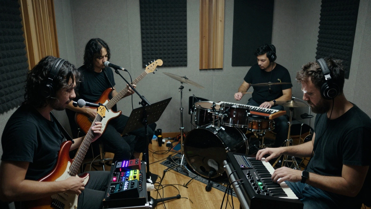 Three rehearsal groups working separately: vocalists, guitarists, and drummer with electronics, each in focused concentration.