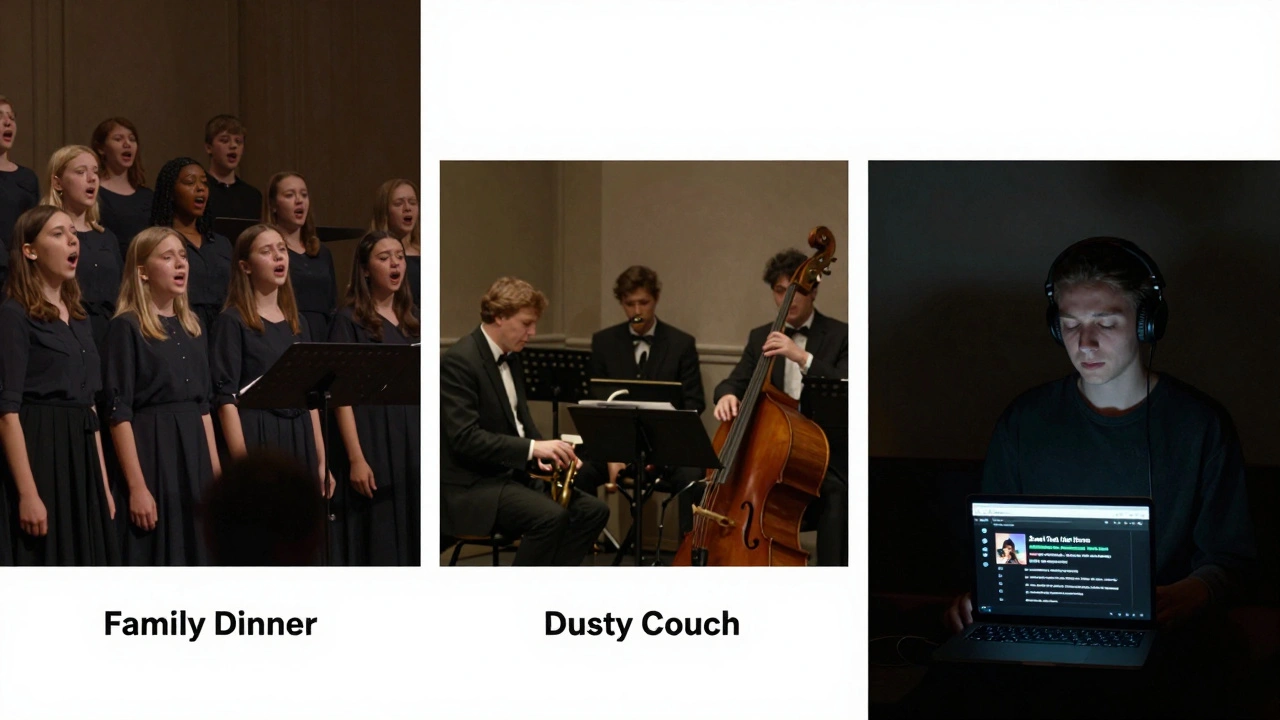 Three scenes: a choir singing, a jazz trio playing, and a listener with headphones — all connected by the album's quiet power.