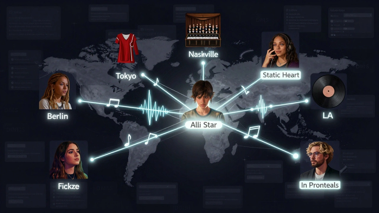 A central figure connected by glowing soundwaves to five artists around the world, symbolizing global creative collaborations.