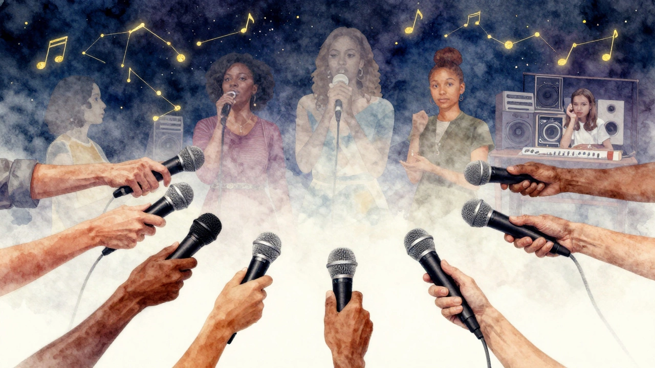 A circle of diverse women holding microphones, symbolizing a legacy of female voices in music, bathed in starlight.