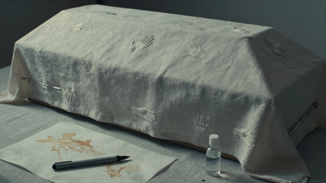 A coffin lid delicately marked with wax-formed ghostly figures of hands and birds, beside embalming fluid and rice paper art.