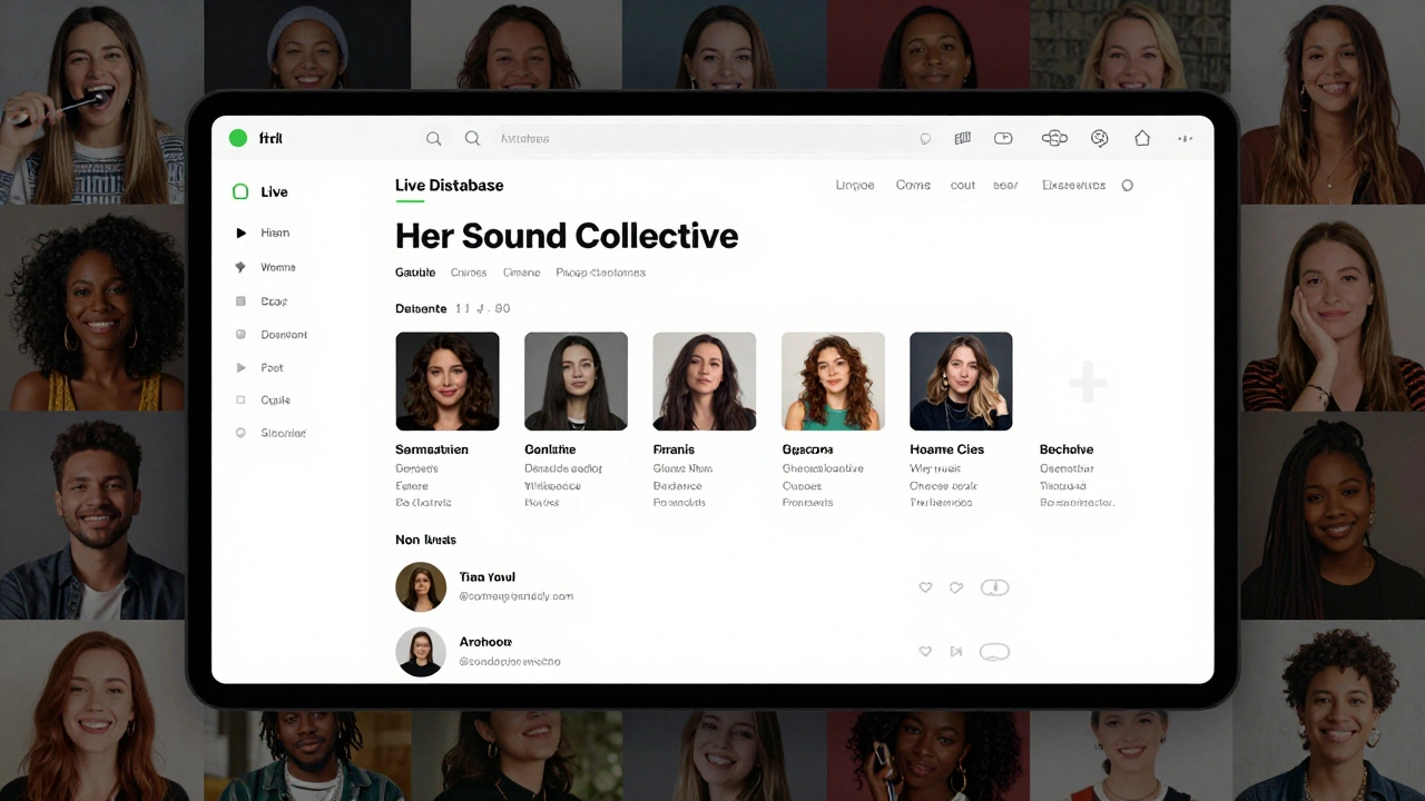 A digital dashboard named 'Her Sound Collective' displaying profiles of female R&amp;B artists, producers, and engineers from across the U.S.