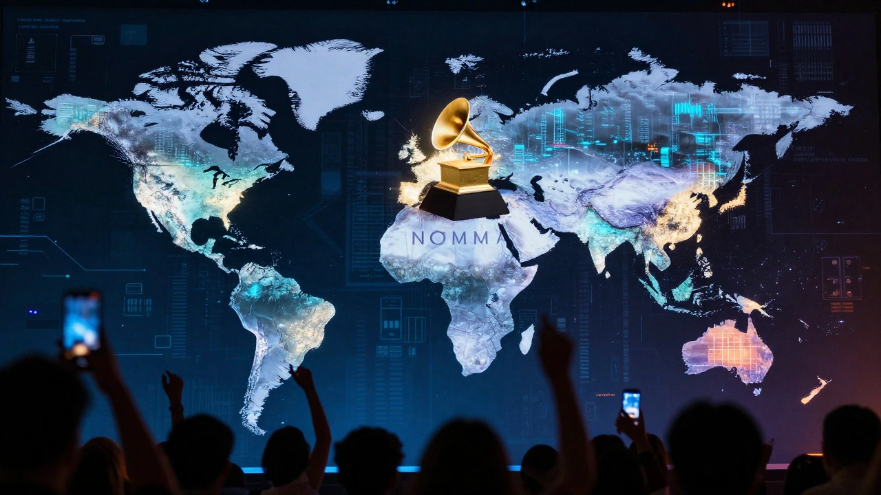 A global map glowing with streaming spikes across continents after a Grammy nomination.