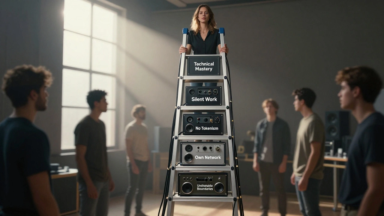 A ladder made of audio equipment leads to a woman standing in sunlight, representing five strategies for breaking into male-dominated music production.