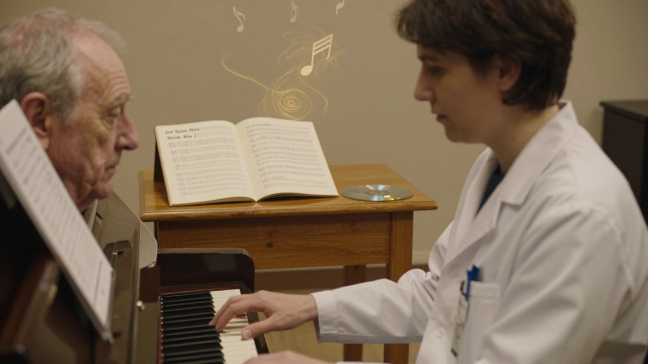 A mortuary technician listens to a man's memory beside a piano, with a burned CD of personal songs on the table.