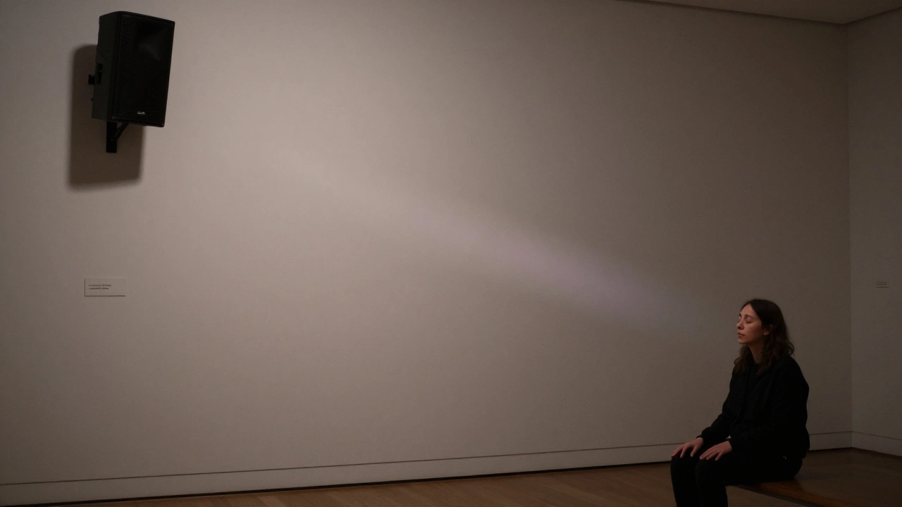 A museum visitor sitting in silence before a speaker playing 12 seconds of recorded quiet, bathed in soft, breathing light.