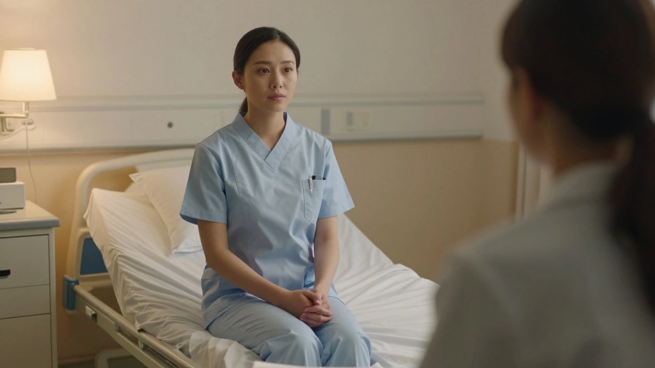 A nurse sitting calmly on a hospital bed, hands folded, radiating quiet presence and empathy.