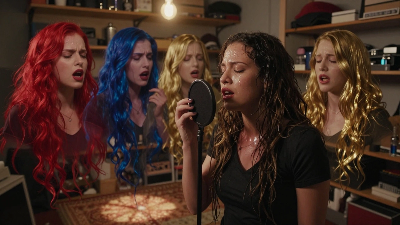 A singer in a closet, ghostly vocal harmonies in emotional colors surrounding her as she records.