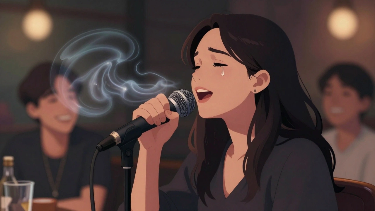 A singer making eye contact with one smiling person in the audience while performing karaoke, the rest of the room softly blurred, radiating authentic emotion.