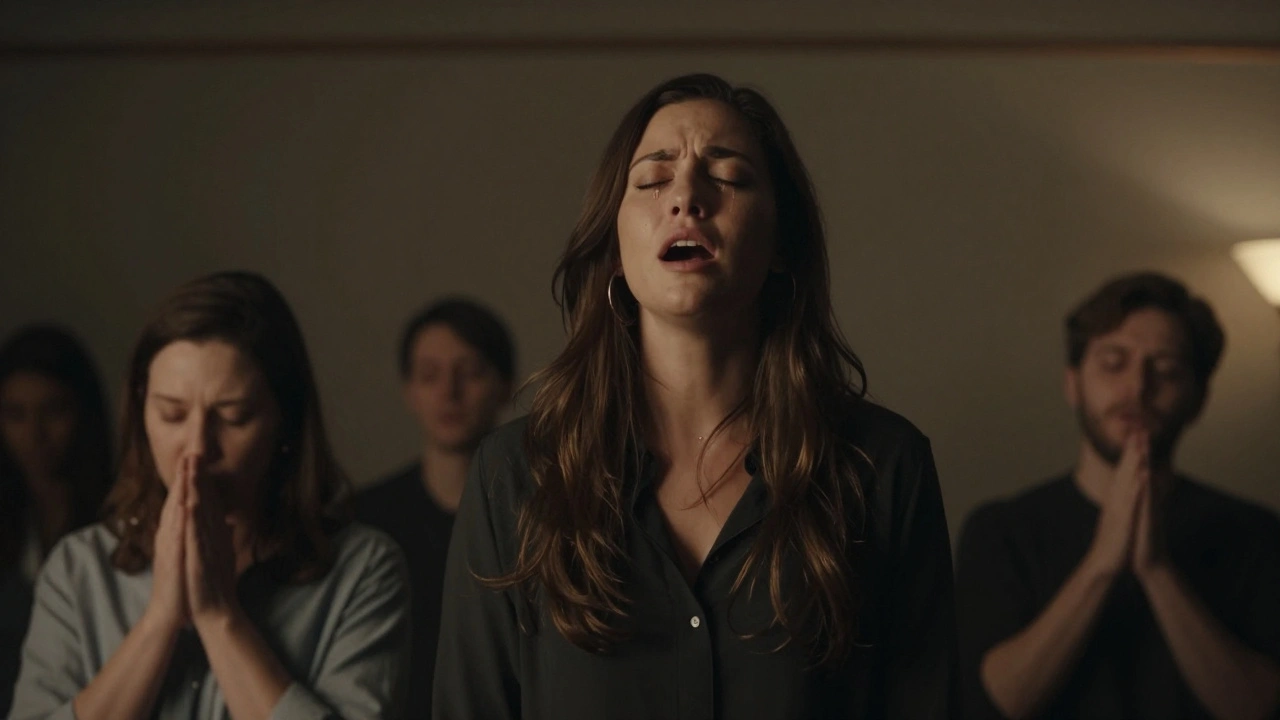 A singer pouring out a powerful chorus while the audience holds their breath, tears glistening in the dim stage light.