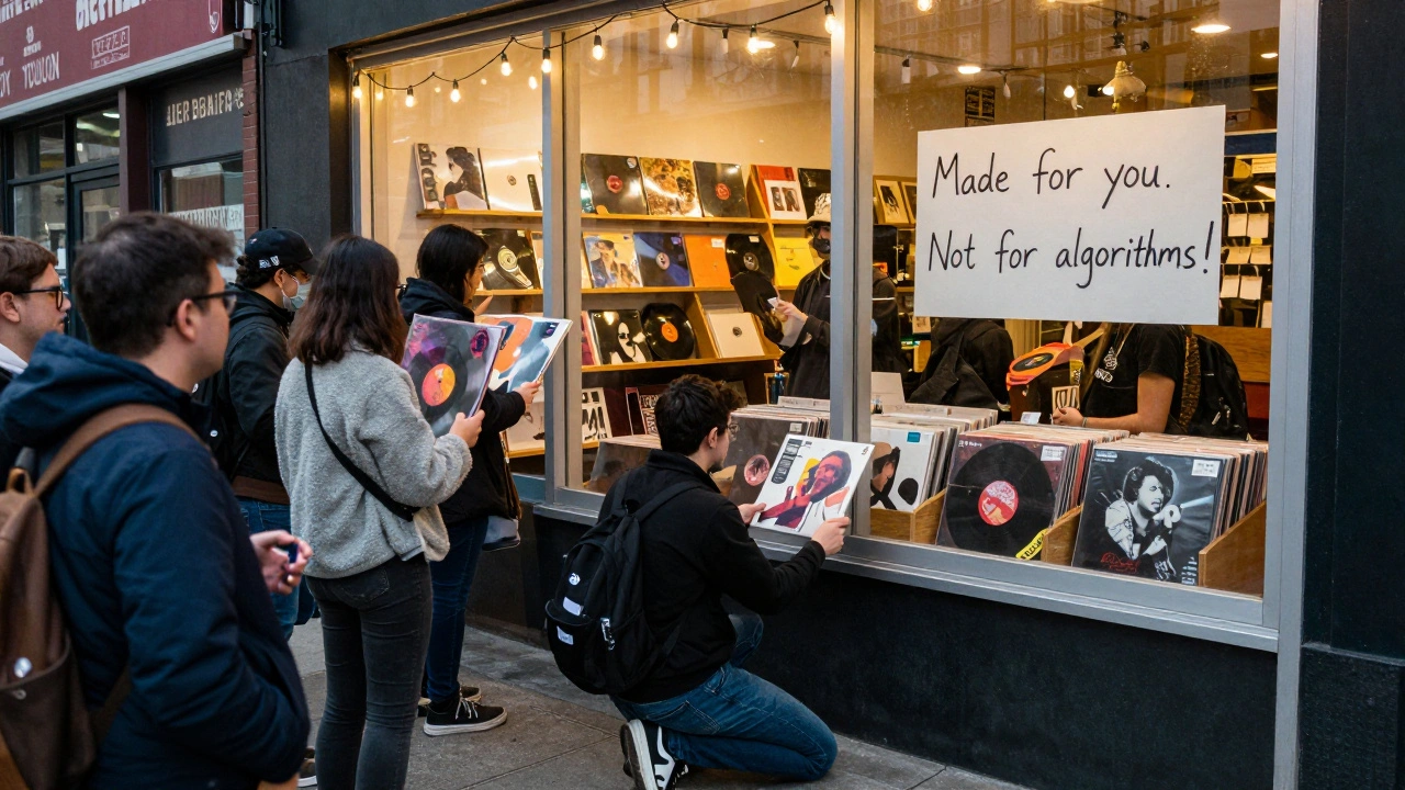 A small group of fans gathered outside a pop-up record store, admiring hand-painted vinyl under string lights.