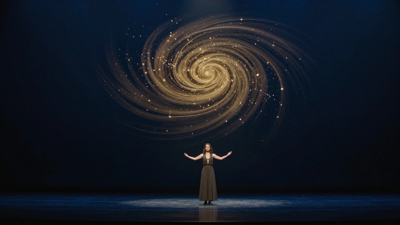 A solo artist on an empty stage, her layered vocals forming a glowing constellation above her.