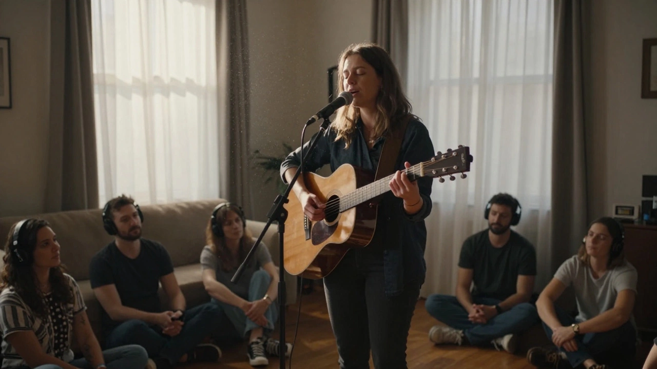 A solo artist performing an acoustic song in a living room, listeners absorbed in the music.