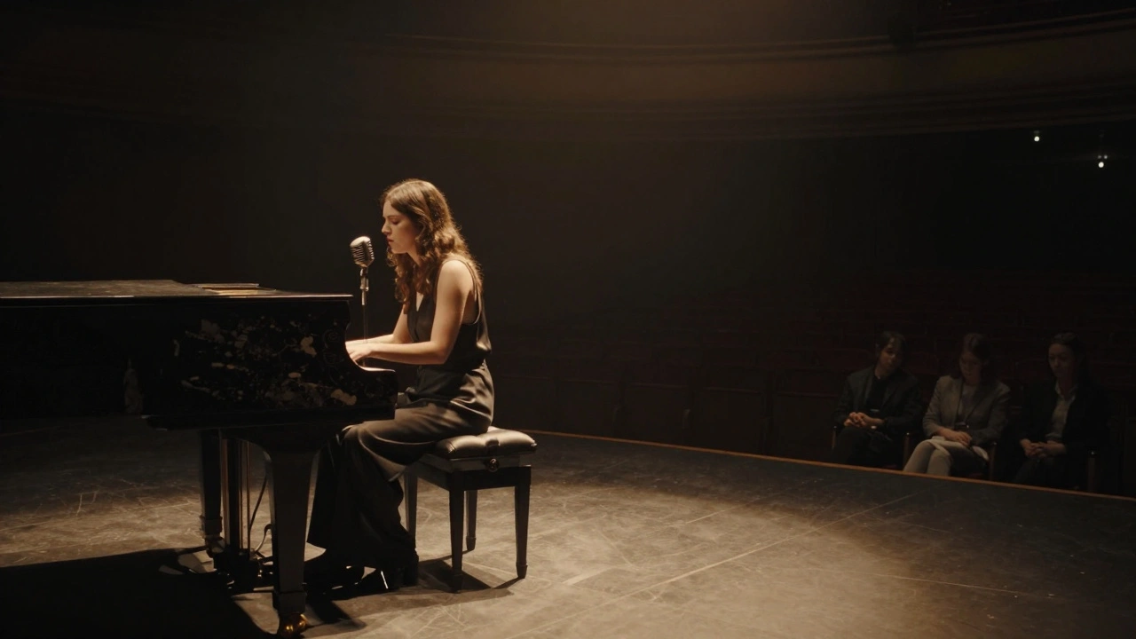 A solo performer sits on a stool under a single spotlight in an empty concert hall, piano beside her, listeners in shadowed silence.