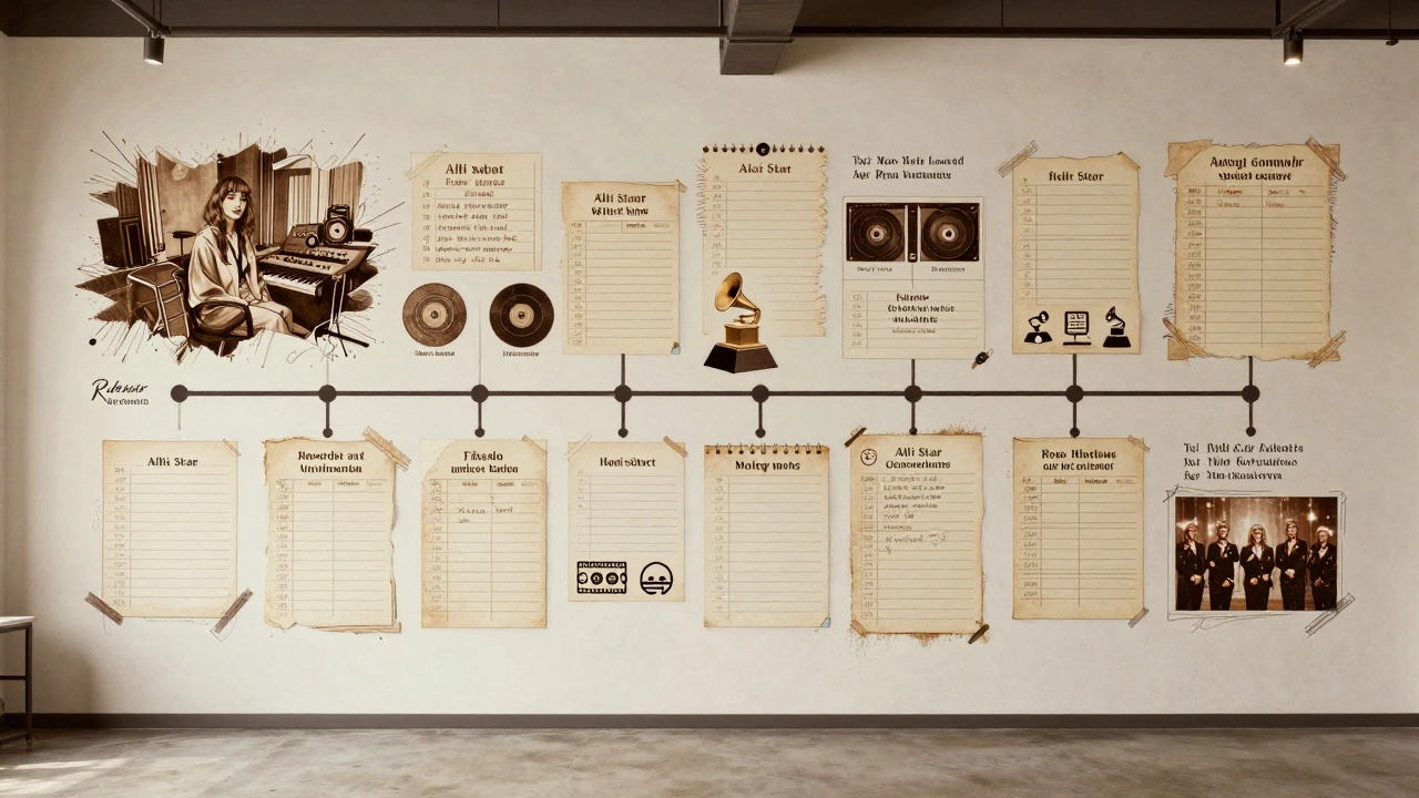 A wall mural illustrating Alli Starr's album release timeline with key award season milestones.