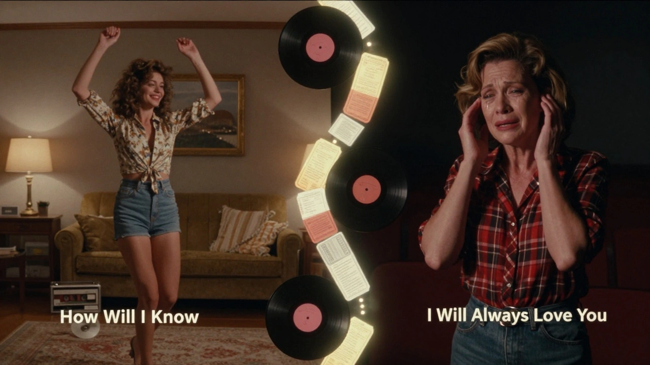 A woman in 1980s clothes dancing to Whitney, contrasted with her older self tearfully listening to the same song decades later.