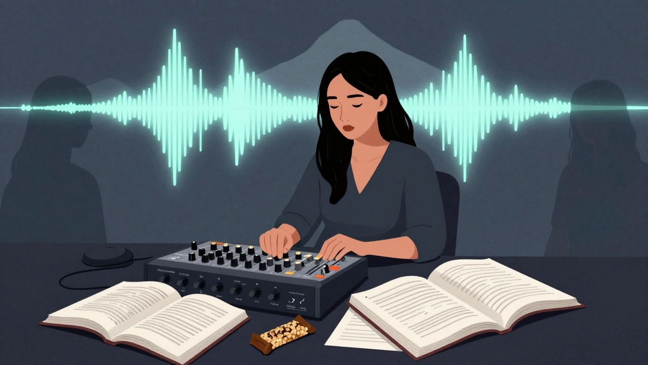 A woman works alone at a mixing console at night, surrounded by gear and glowing waveforms, symbolizing quiet dedication.